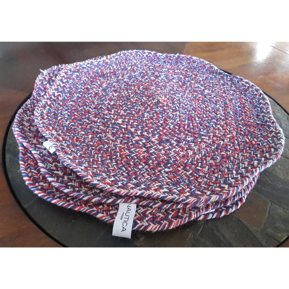 Nautica Home Round Braided Placemats Set 4 Red White Blue Americana Decor 14"